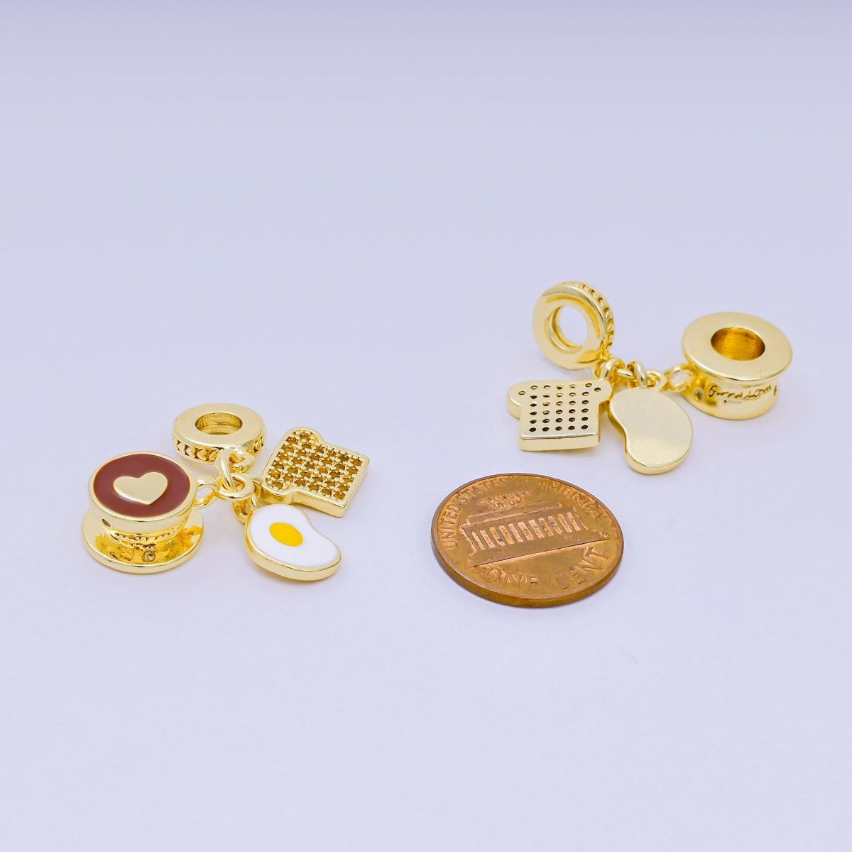 24K Gold Filled 17mm Micro Paved CZ Enamel Art Breakfast Set Charm in Coffee, Egg, & Bread | AH - 595 - DLUXCA
