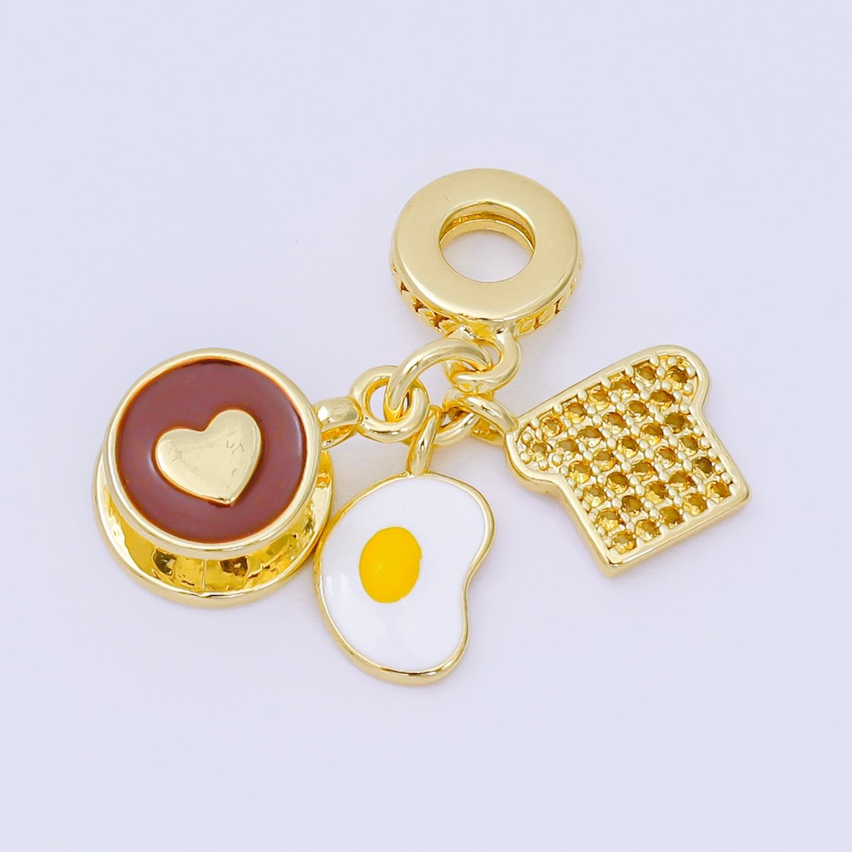 24K Gold Filled 17mm Micro Paved CZ Enamel Art Breakfast Set Charm in Coffee, Egg, & Bread | AH - 595 - DLUXCA