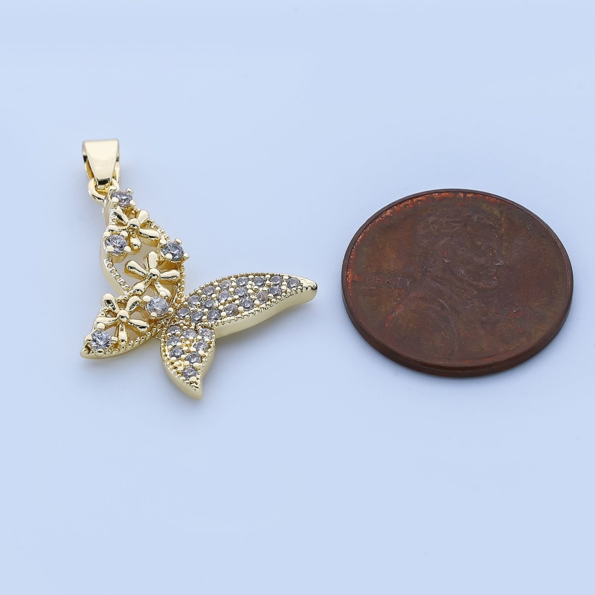 24K Gold Filled 17mm Micro Paved CZ Flower of Butterfly Animal Pendant | AH - 521 - DLUXCA