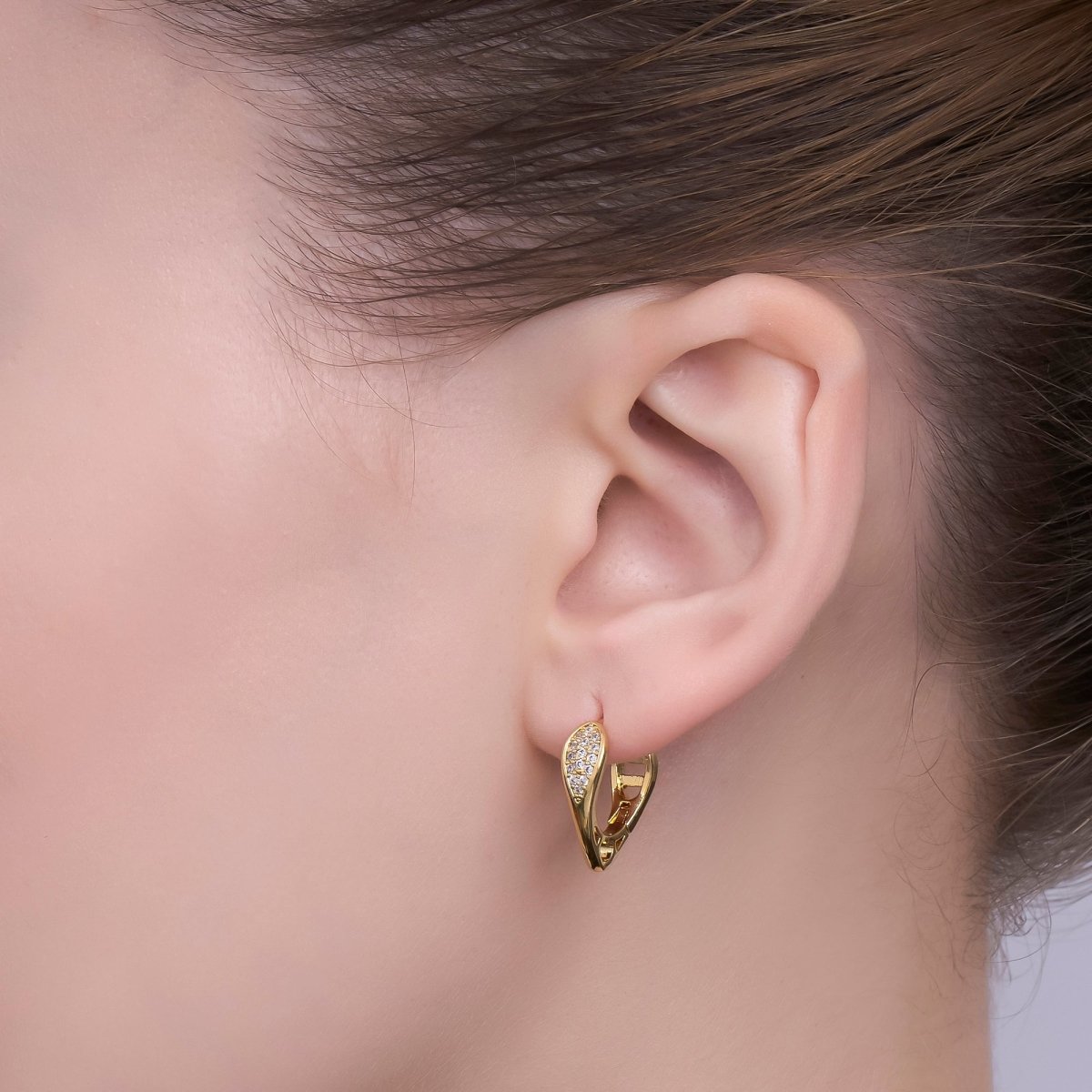 24K Gold Filled 17mm Micro Paved CZ Geometric Teardrop Huggie Earrings | T268 - DLUXCA