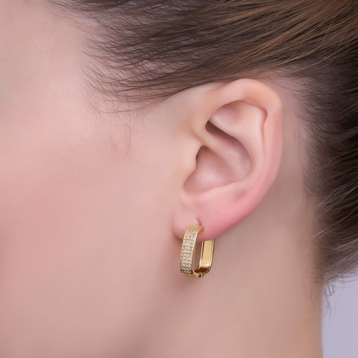 24K Gold Filled 17mm Micro Paved CZ Square Oblong Hoop Earrings | T380 - DLUXCA