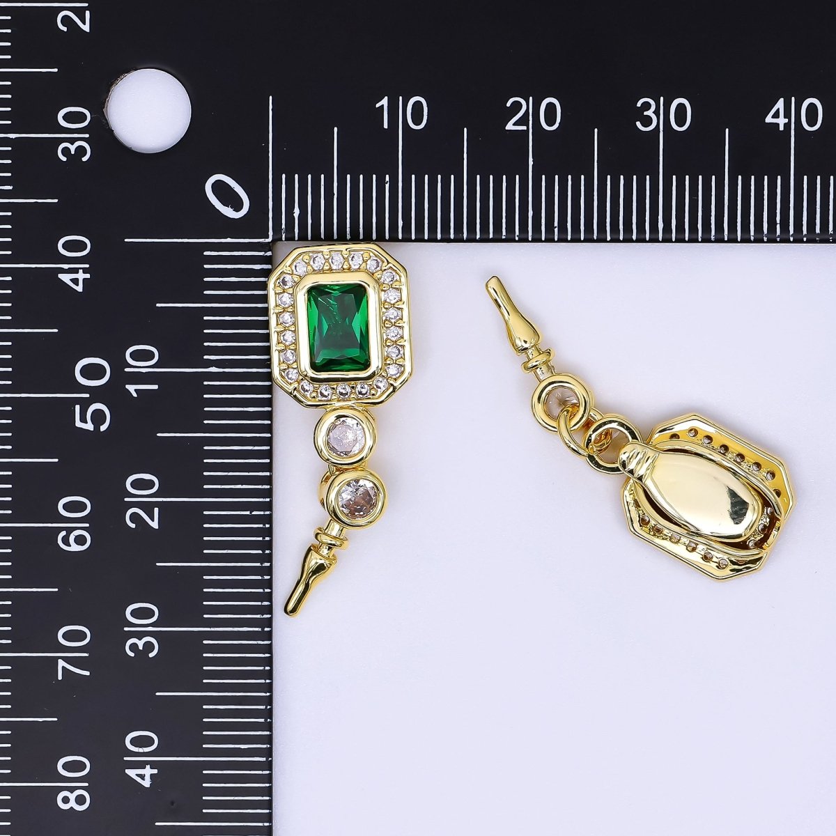 24K Gold Filled 17mm Micro Paved & Emerald Green Rectangular CZ Push - In Clasp Closure Findings | Z - 1267 - DLUXCA