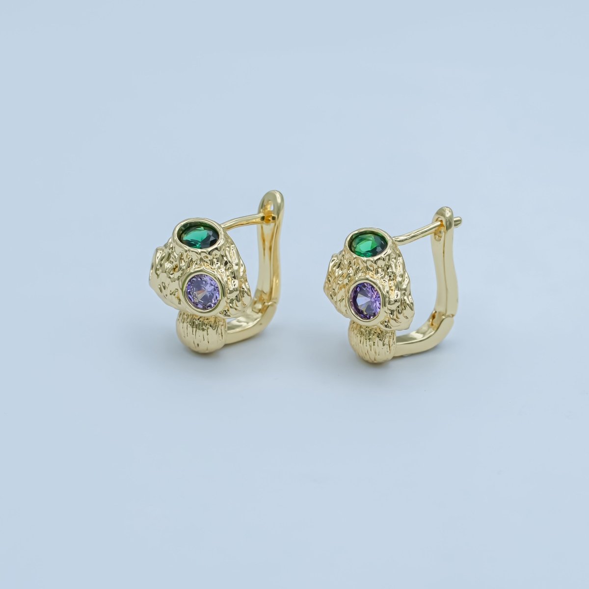 24K Gold Filled 17mm Multicolor CZ Hammered Mushroom English Lock Hoop Earrings | AI429 - DLUXCA