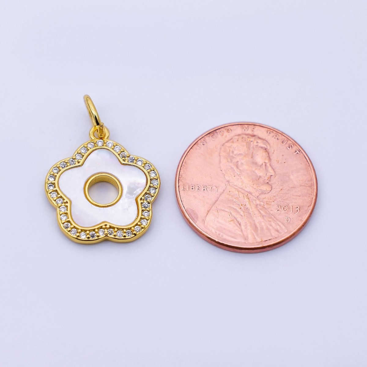 24K Gold Filled 17mm Open Shell Pearl Micro Paved CZ Flower Charm | C972 - DLUXCA