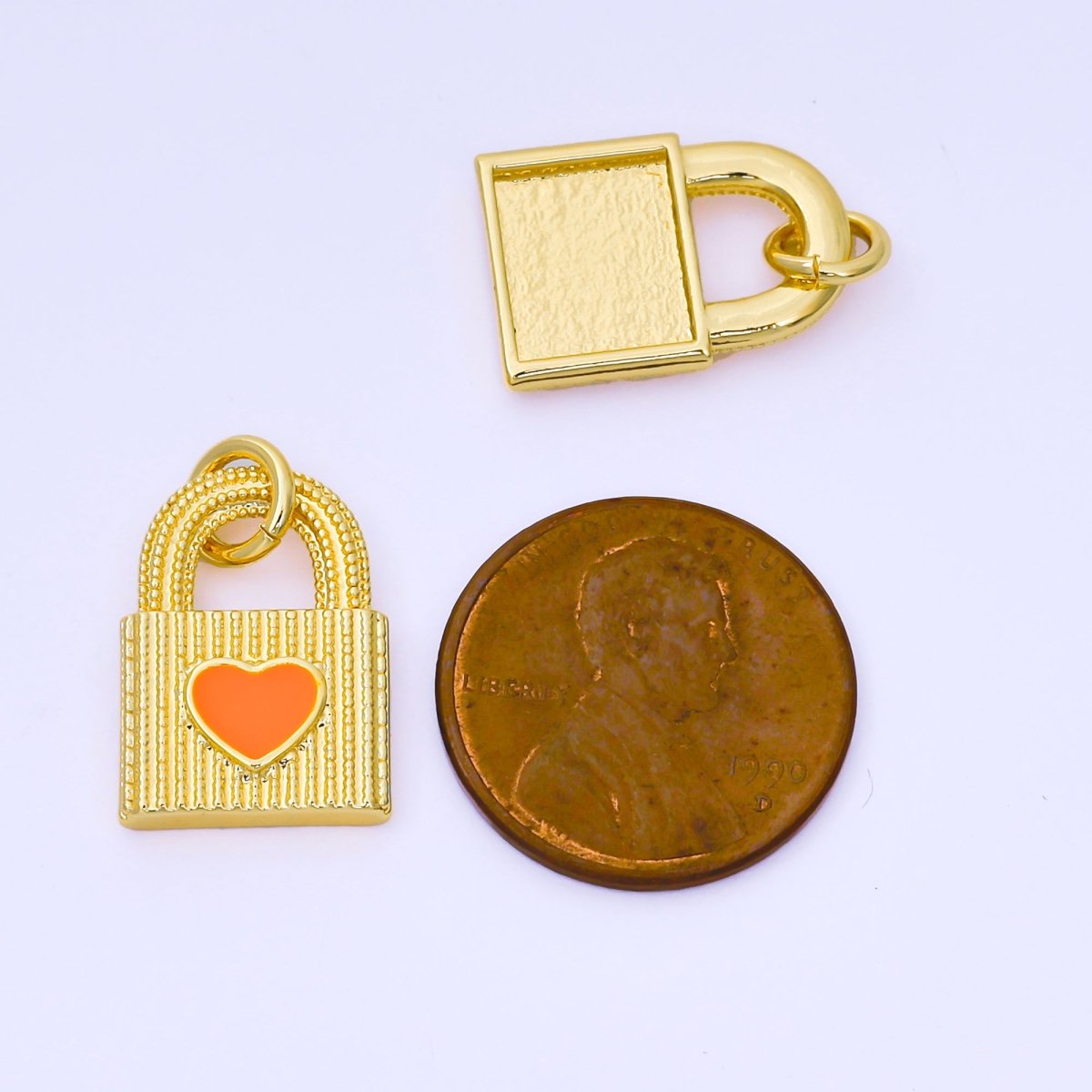 24K Gold Filled 17mm Orange Enamel Heart Dotted Lined Padlock Charm | AF1505 - DLUXCA
