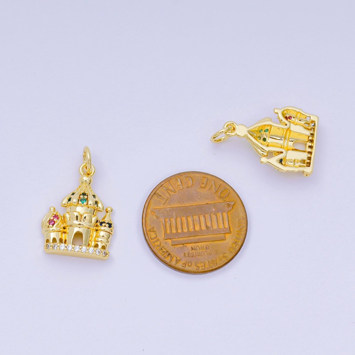 24K Gold Filled 17mm Pink, Green, & Blue CZ Luxe Dreamy Castle Charm | AH - 680 - DLUXCA
