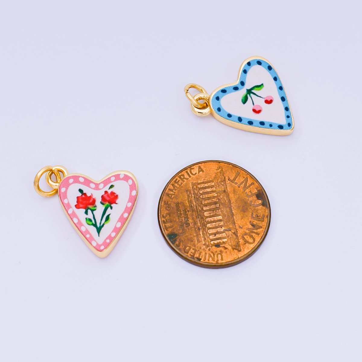 24K Gold Filled 17mm Rose, Cherry Enamel Heart Charm | AJ516 AJ524 - DLUXCA