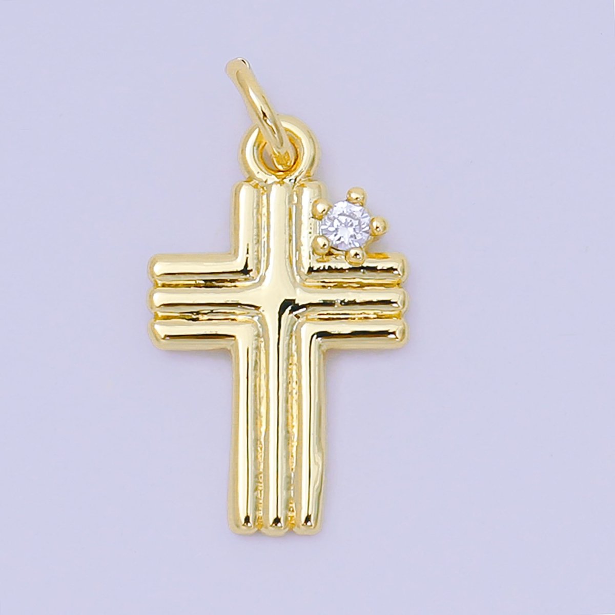 24K Gold Filled 17mm Round Clear CZ Groovy Holy Cross Christian Charm | AH - 639 - DLUXCA