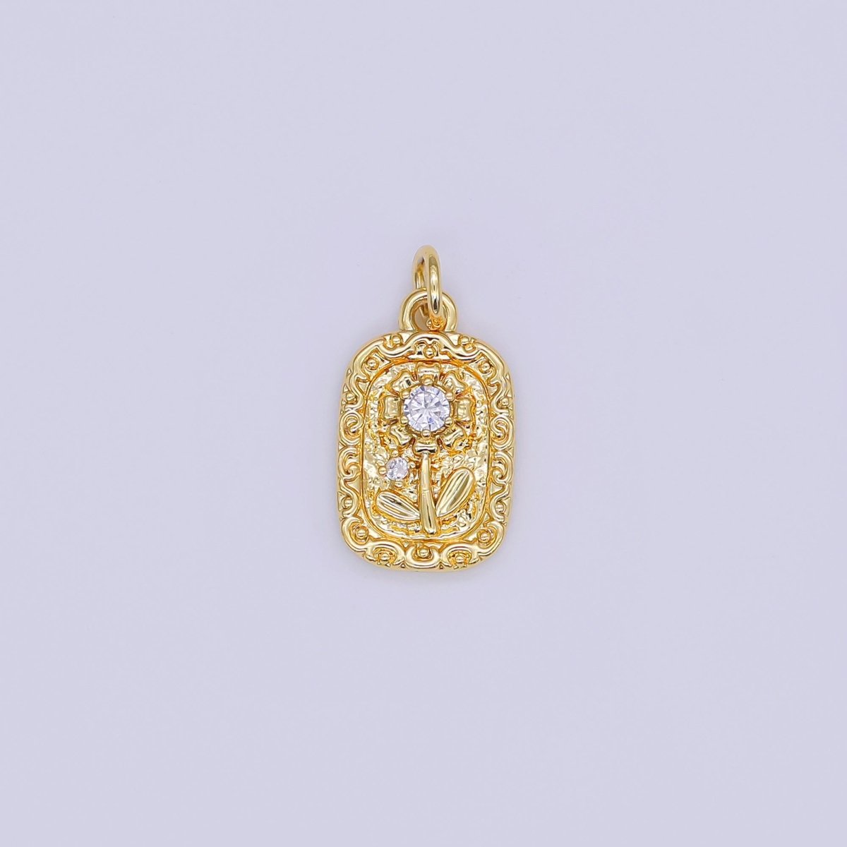 24K Gold Filled 17mm Round CZ Blooming Flower Emblem Charm in Gold & Silver | AJ - 345 - DLUXCA