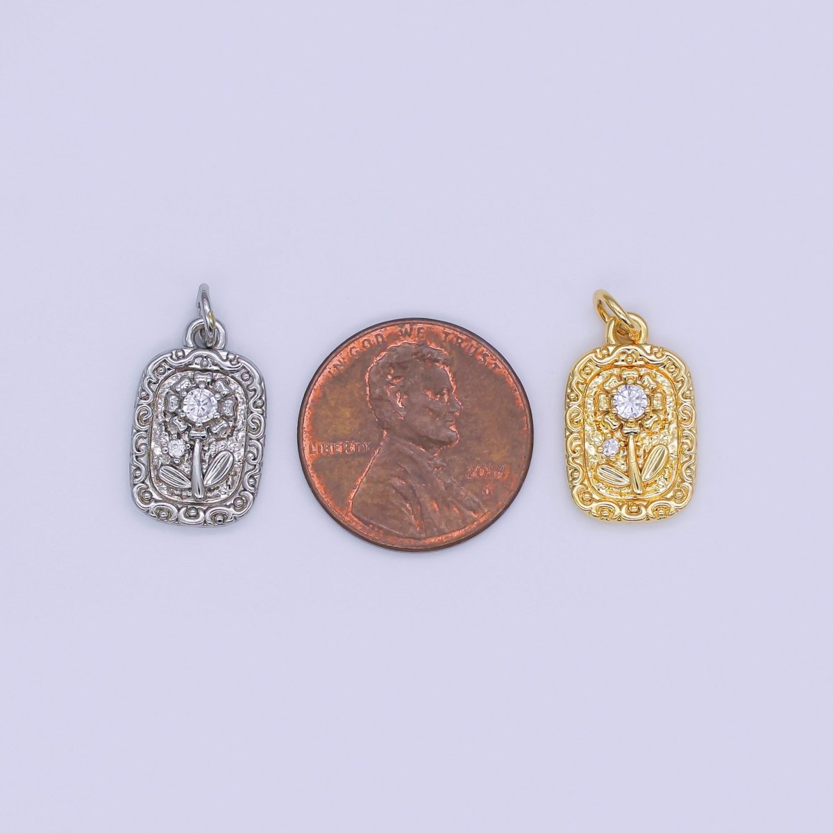 24K Gold Filled 17mm Round CZ Blooming Flower Emblem Charm in Gold & Silver | AJ - 345 - DLUXCA