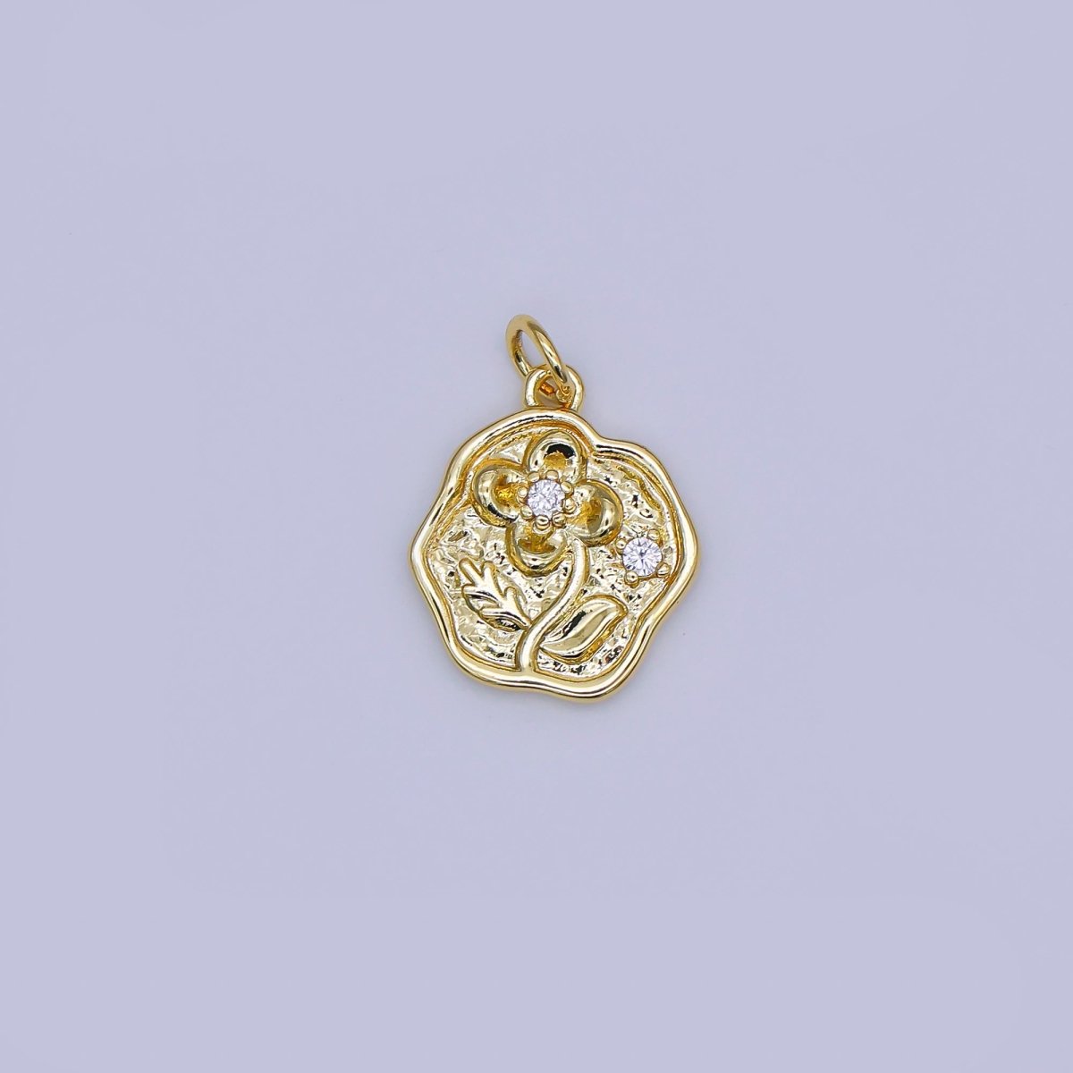 24K Gold Filled 17mm Round CZ Floral Coin Emblem Flower Charm in Gold & Silver | AJ - 346 - DLUXCA