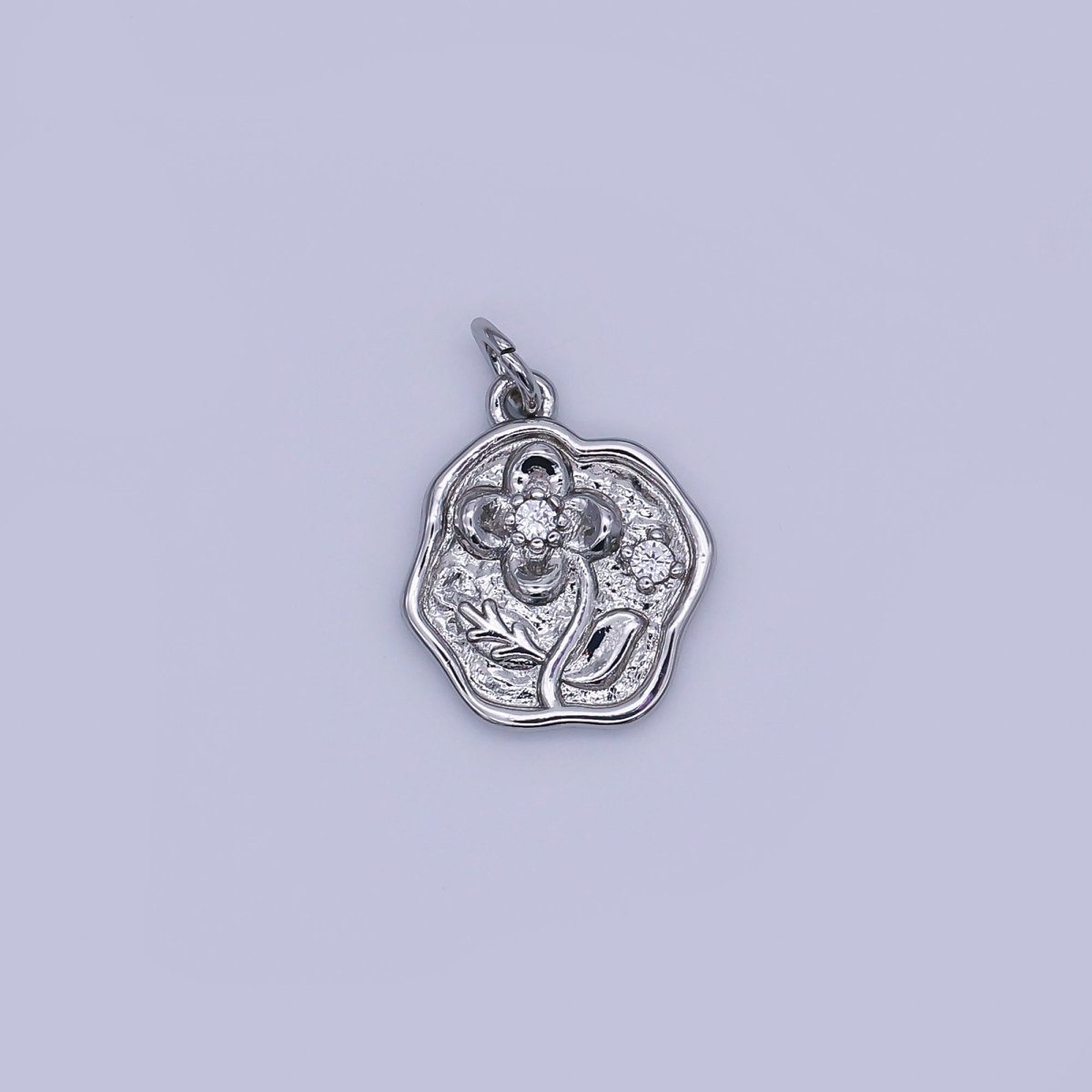 24K Gold Filled 17mm Round CZ Floral Coin Emblem Flower Charm in Gold & Silver | AJ - 346 - DLUXCA