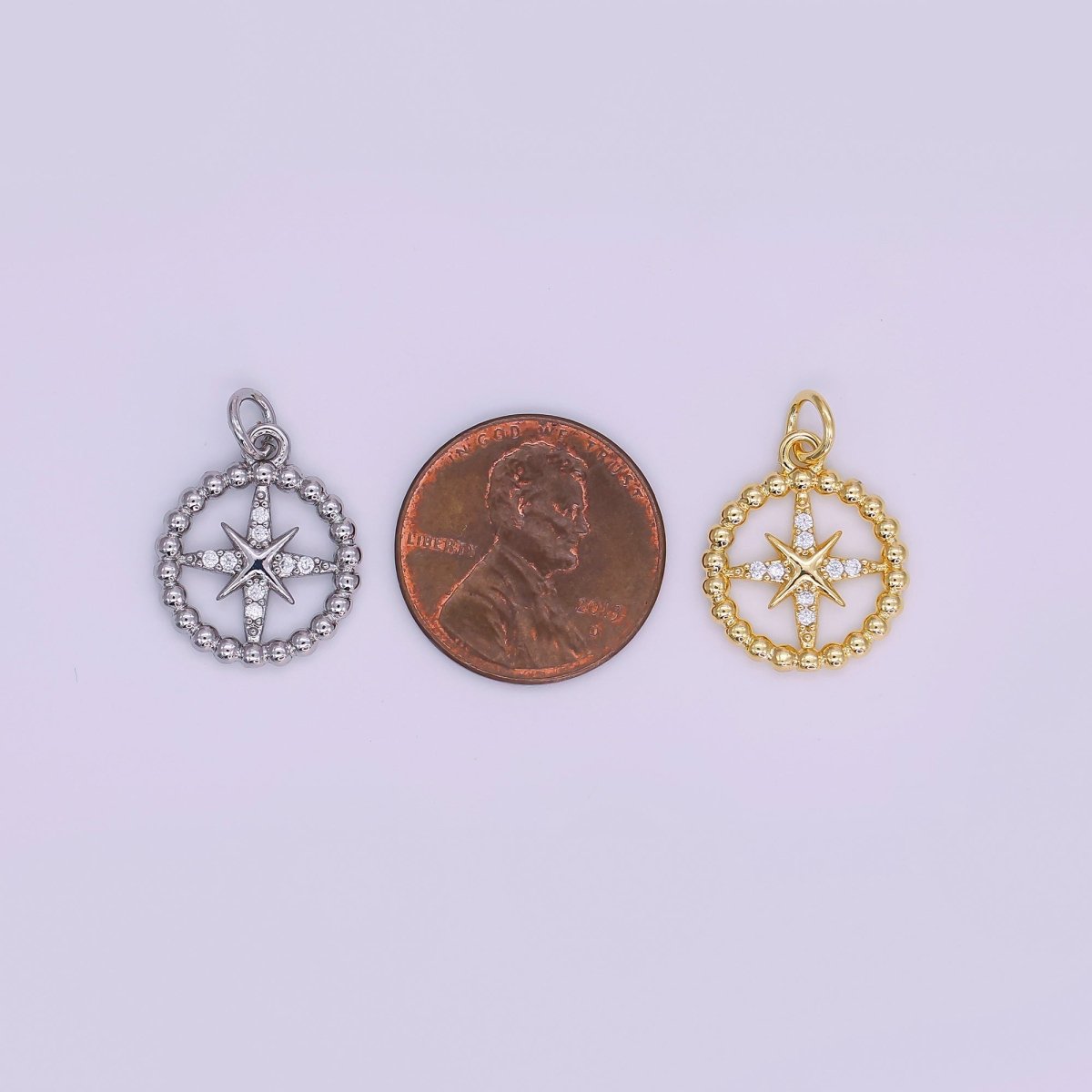 24K Gold Filled 17mm Round CZ Guiding Star Compass Charm in Gold & Silver | AJ - 342 - DLUXCA