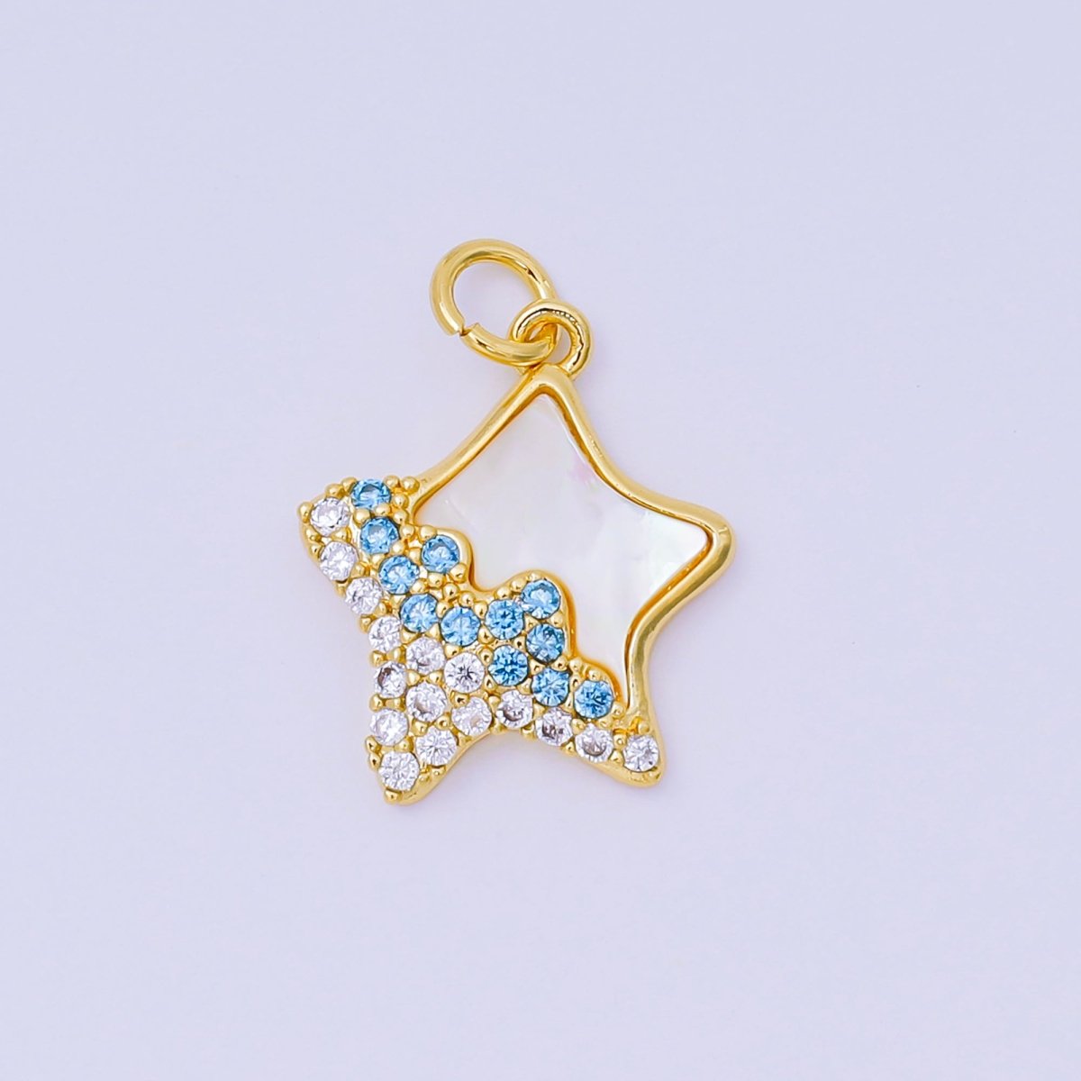 24K Gold Filled 17mm Sky Blue & Clear Micro Paved CZ Mother of Pearl Dazzling Star Charm in Gold & Silver | AH - 591 - DLUXCA