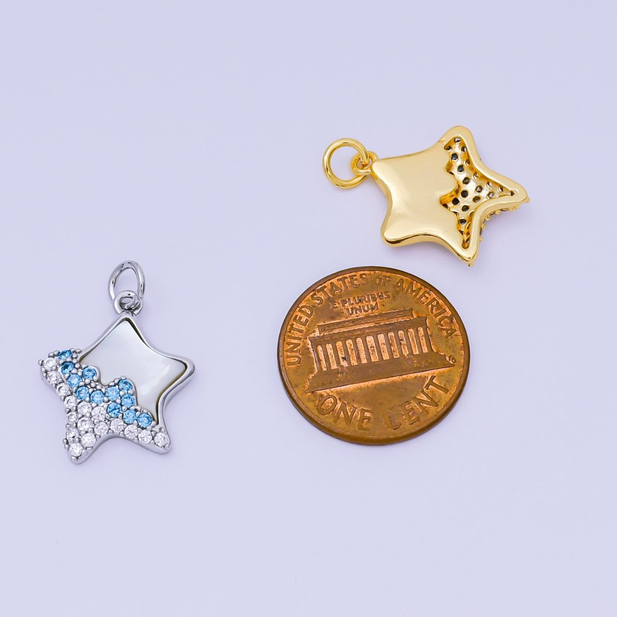 24K Gold Filled 17mm Sky Blue & Clear Micro Paved CZ Mother of Pearl Dazzling Star Charm in Gold & Silver | AH - 591 - DLUXCA