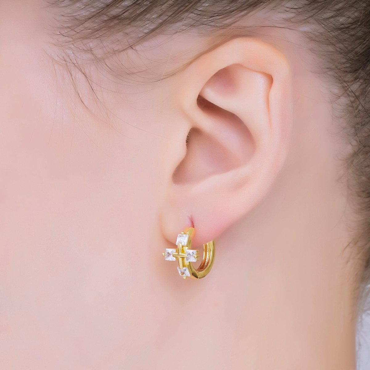 24K Gold Filled 17mm Square Baguette CZ Religious Cross Huggie Earrings | AB1565 - DLUXCA