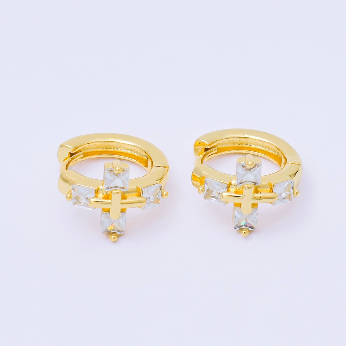 24K Gold Filled 17mm Square Baguette CZ Religious Cross Huggie Earrings | AB1565 - DLUXCA