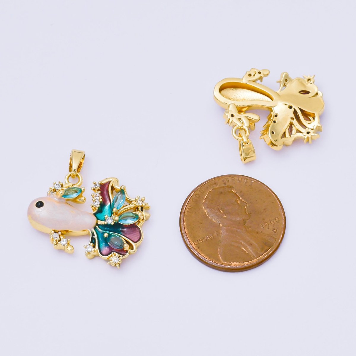 24K Gold Filled 17mm Teal, Pink Marquise CZ Enamel Ornament Fish Pendant | AA1625 AA1626 - DLUXCA