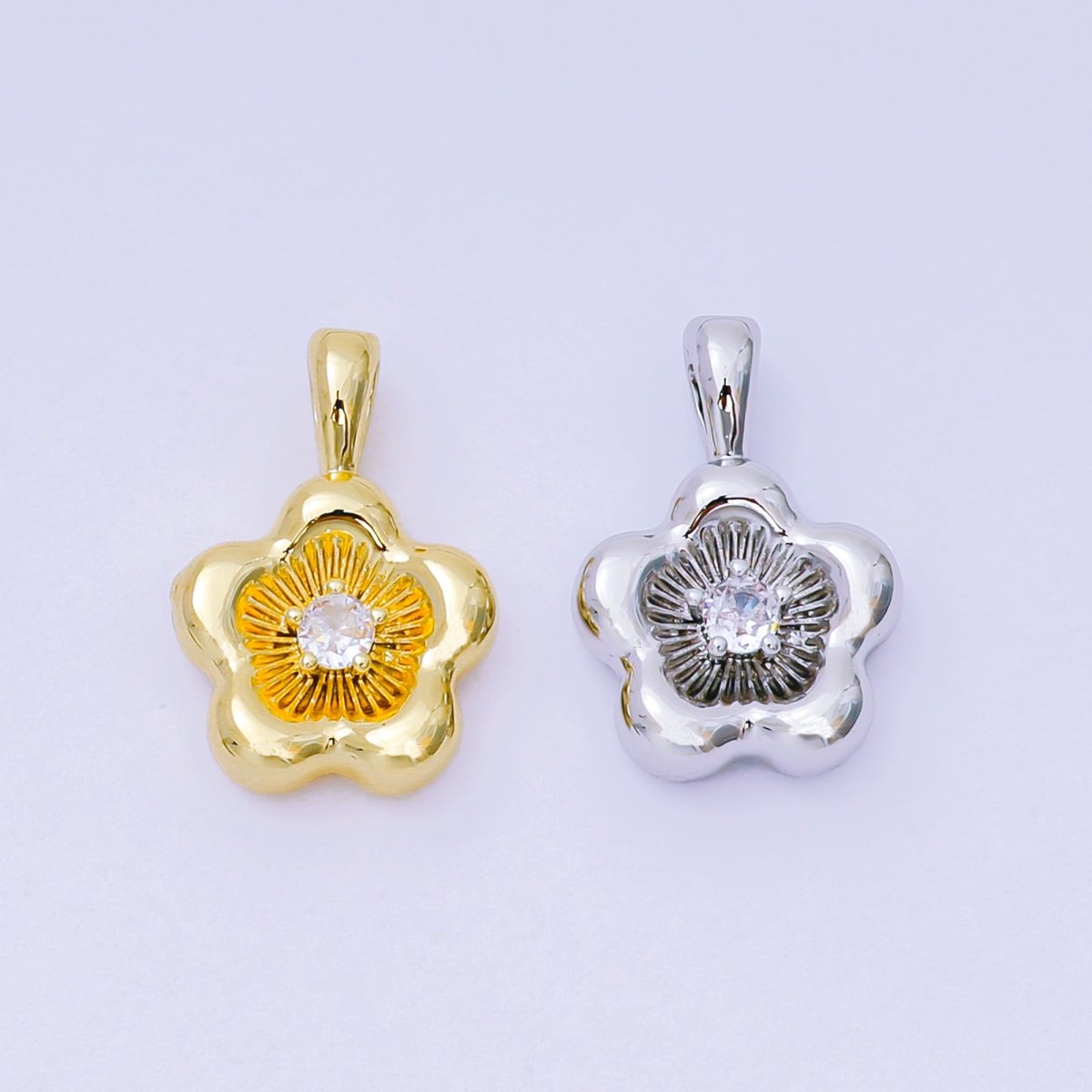 24K Gold Filled 18.5mm Clear CZ Flower Daisy Charm Pendant in Gold & Silver | AH - 526 - DLUXCA