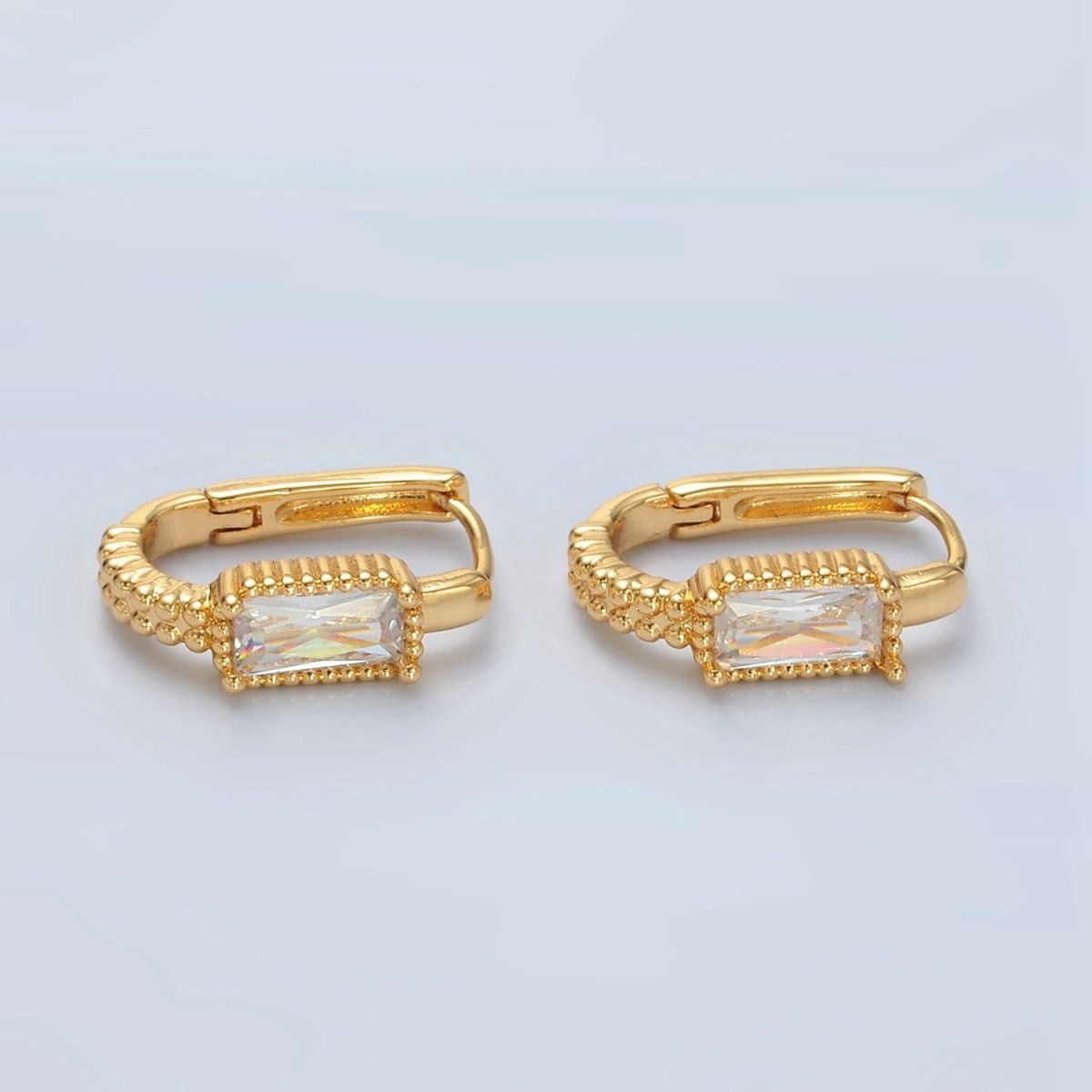 24K Gold Filled 18mm Baguette CZ Dotted Oblong Huggie Earrings | T093 - DLUXCA