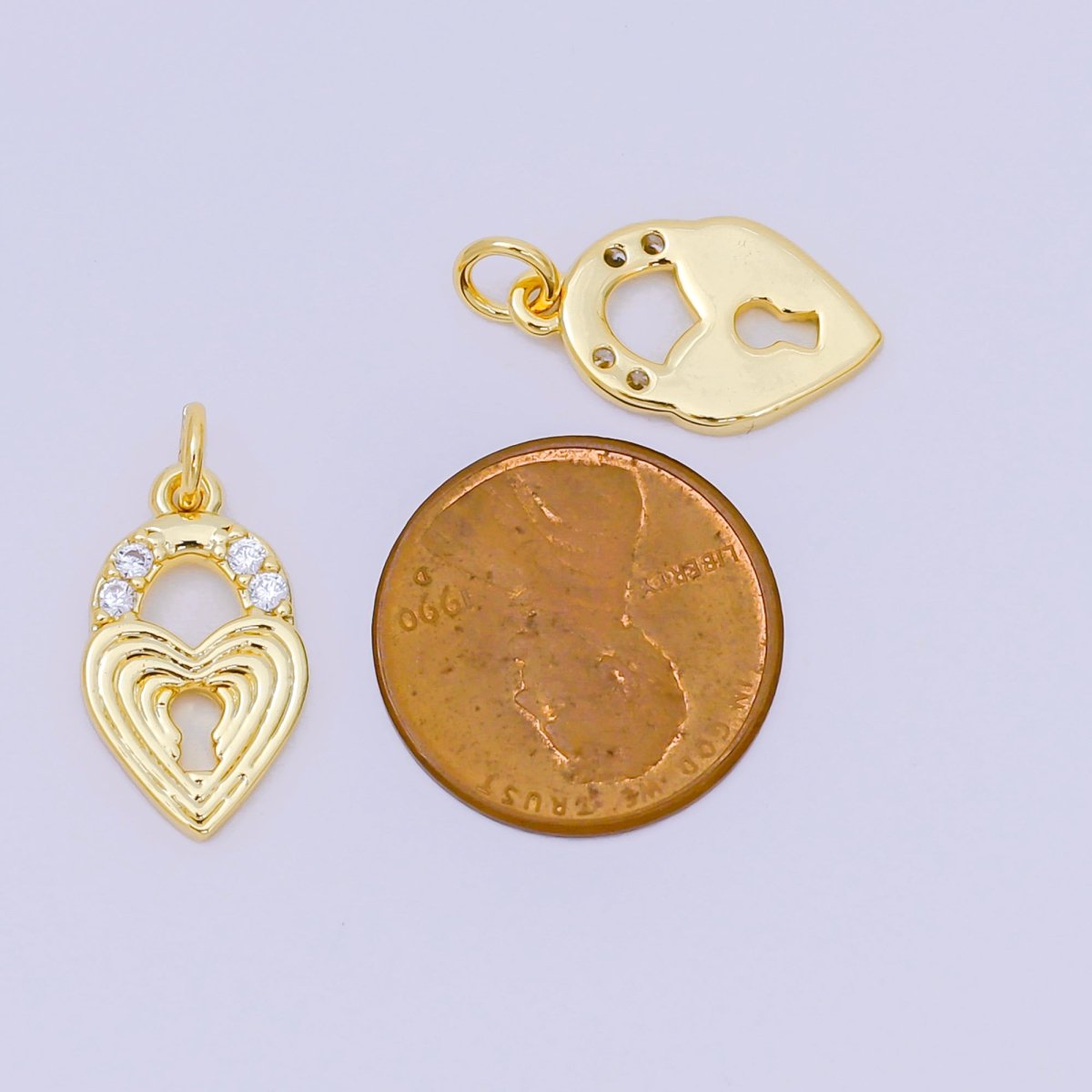 24K Gold Filled 18mm Micro Paved CZ Ribbed Heart Padlock Charm | AH641 - DLUXCA