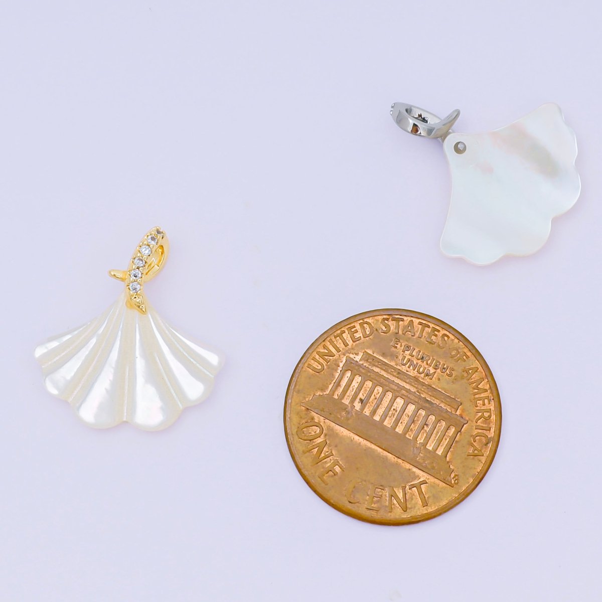 24K Gold Filled 18mm Micro Paved CZ Shell Pearl Fan - Shaped Clam Shell Twirl Tail Pendant in Gold & Silver | AA - 1579 - DLUXCA