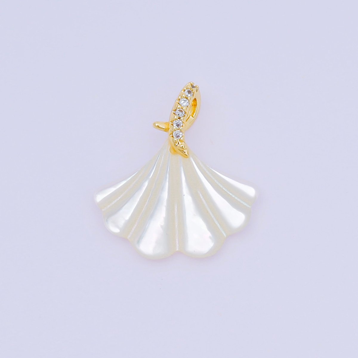 24K Gold Filled 18mm Micro Paved CZ Shell Pearl Fan - Shaped Clam Shell Twirl Tail Pendant in Gold & Silver | AA - 1579 - DLUXCA