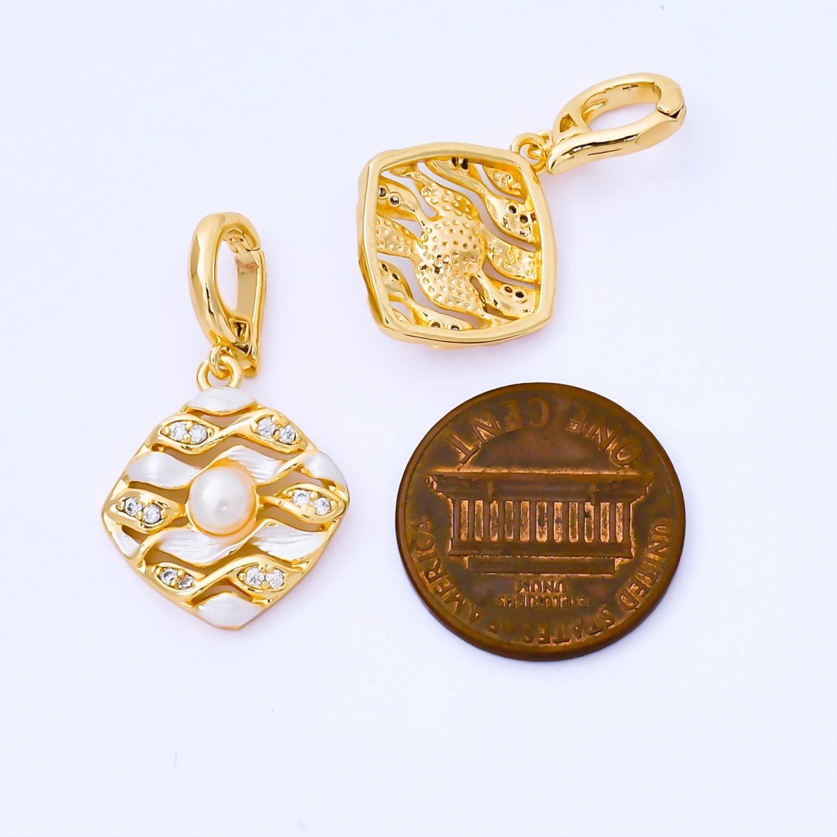 24K Gold Filled 18mm Micro Paved CZ Shell Pearl Wavy Rhombus Tag Pendant | AA1655 - DLUXCA