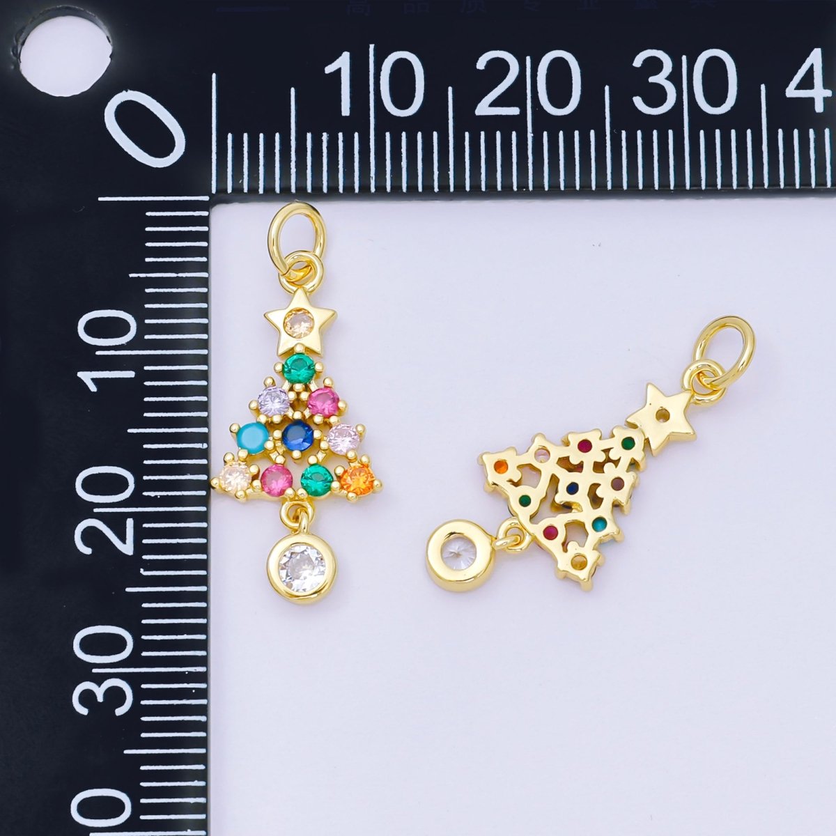 24K Gold Filled 18mm Multicolor Micro Paved CZ Colorful Christmas Tree & Star Charm | D - 100 - DLUXCA