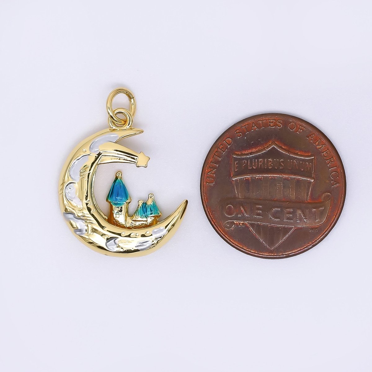 24K Gold Filled 19.5mm Enamel Art Crescent Moon Shooting Star Fantasy City Charm | AF - 519 - DLUXCA