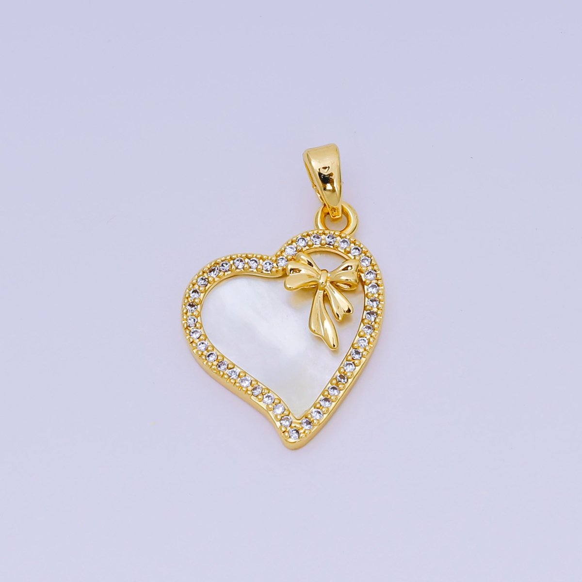 24K Gold Filled 19mm Micro Paved CZ Mother of Pearl Heart in Ribbon Pendant in Gold & Silver | AA - 1580 - DLUXCA