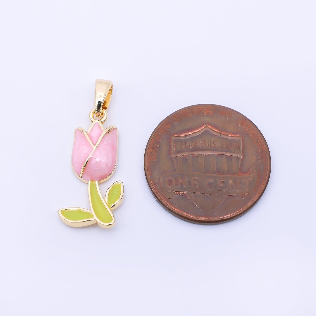 24K Gold Filled 19mm Pastel Enamel Romantic Pink Tulip Flower Pendant Netherland Inspired | AA1642 - DLUXCA