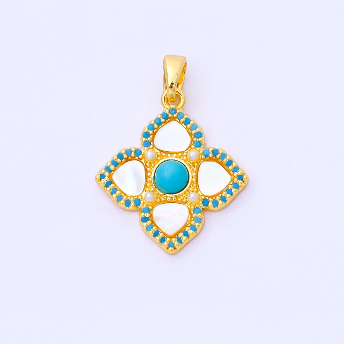 24K Gold Filled 20.5mm Blue Micro Paved CZ Mother of Pearl 4 - Leaf Lucky Clover Charm | AA1650 - DLUXCA