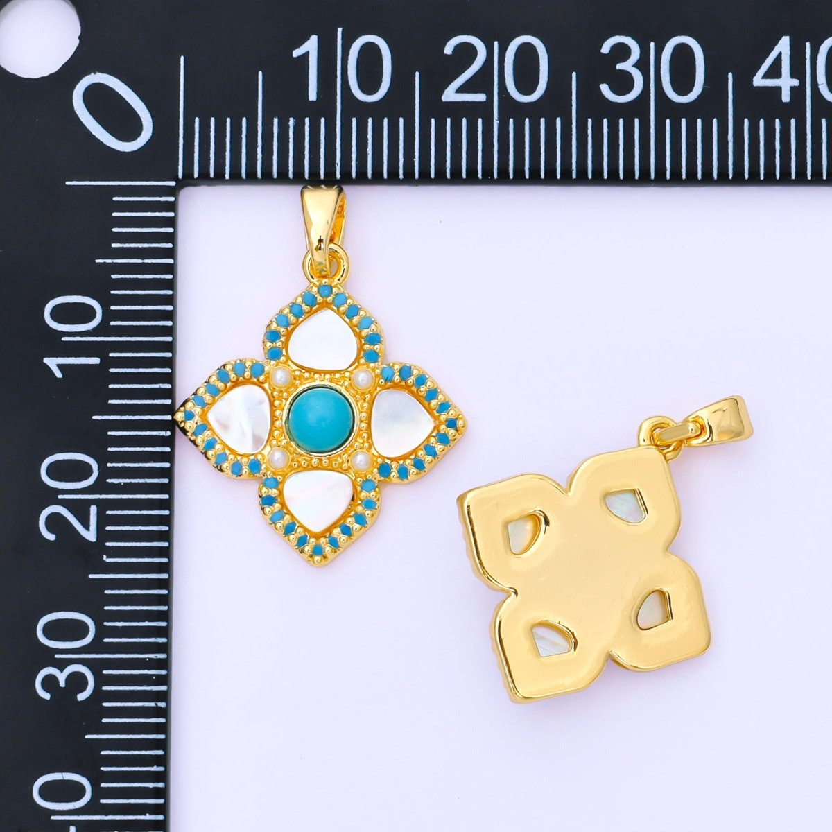 24K Gold Filled 20.5mm Blue Micro Paved CZ Mother of Pearl 4 - Leaf Lucky Clover Charm | AA1650 - DLUXCA