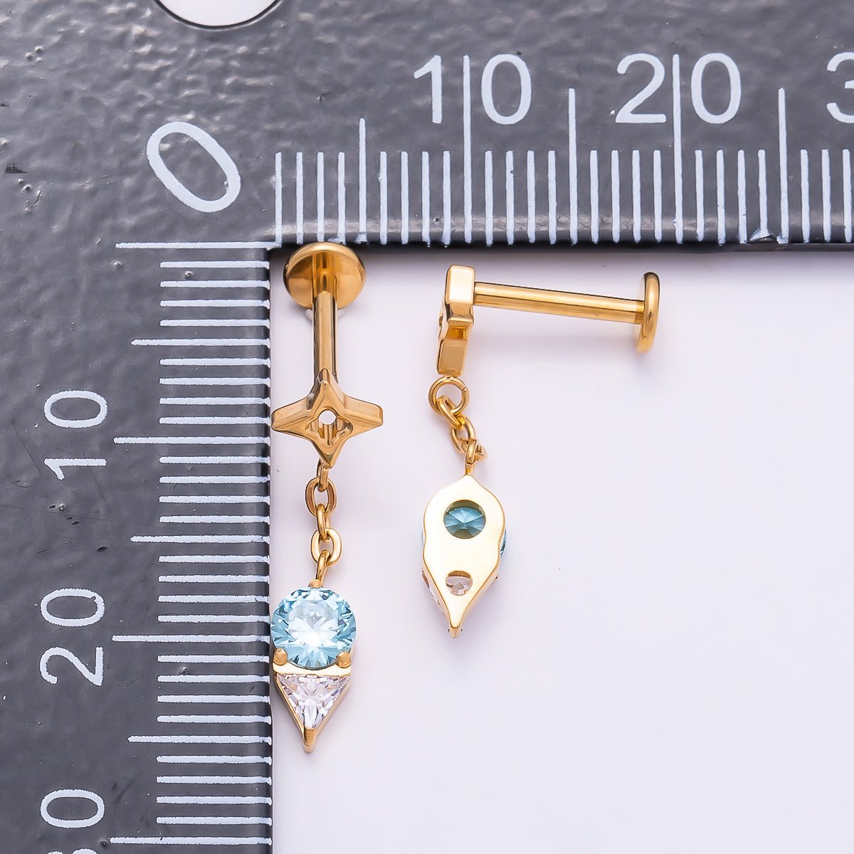 24K Gold Filled 20mm Blue Clear CZ Star Drop Cartilage Piercing Flat Back Stud in Gold & Silver | Findings-00262 Findings-00263 - DLUXCA