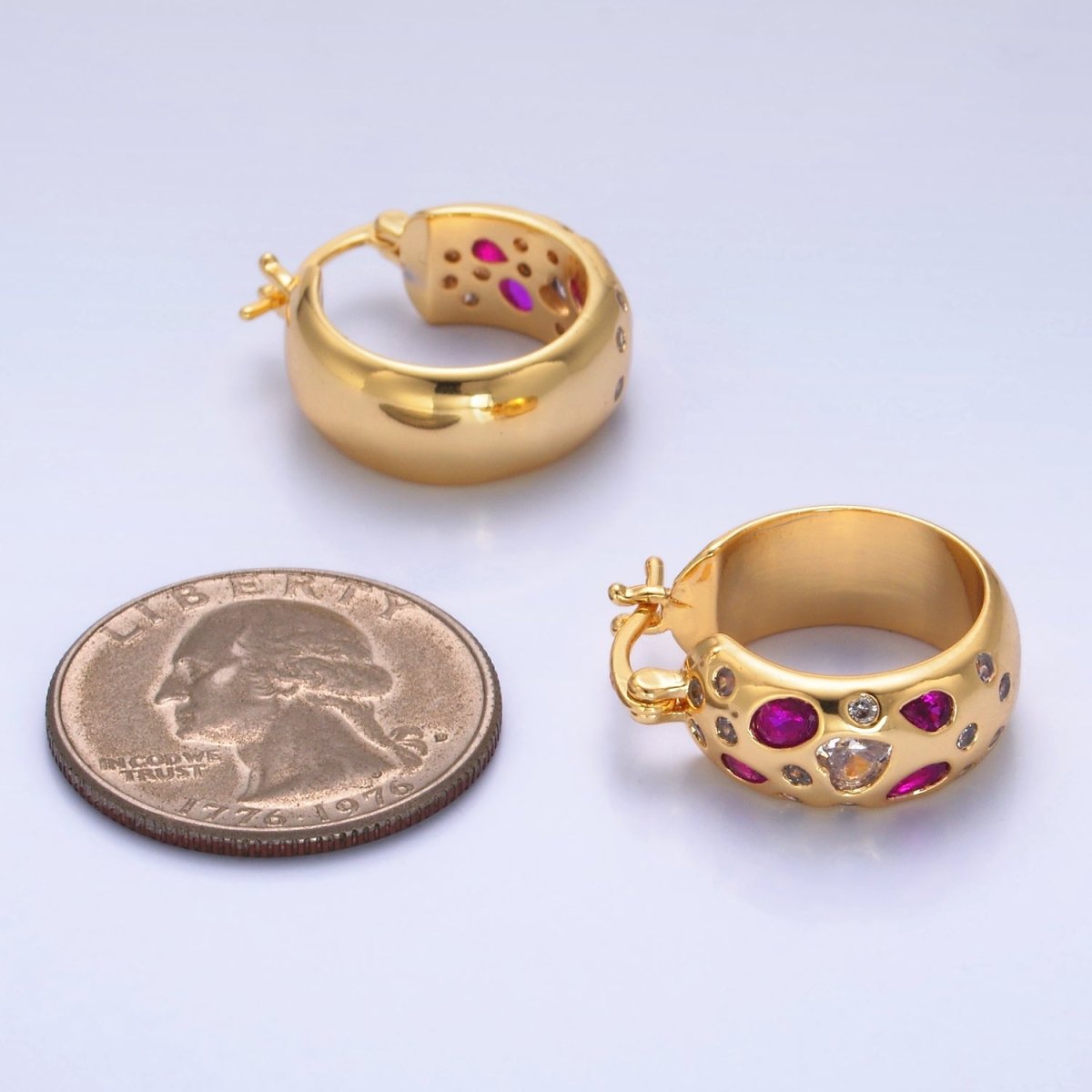 24K Gold Filled 20mm Clear, Green, Pink CZ Latch Hoop Earrings in Gold & Silver | V338 - V402 - DLUXCA