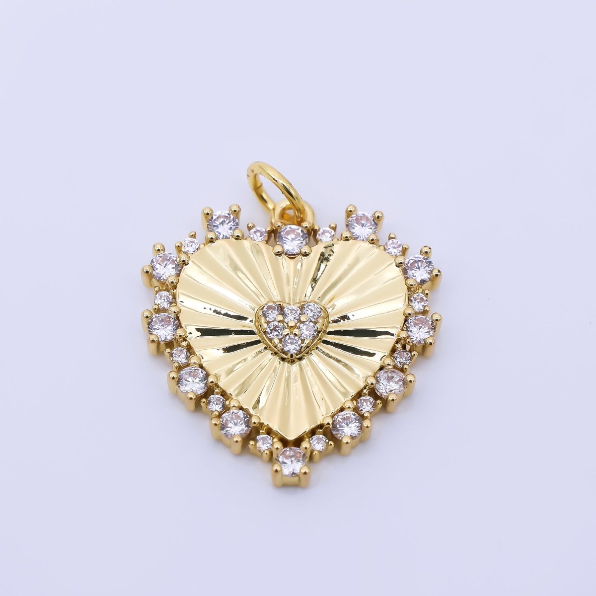 24K Gold Filled 20mm Clear Micro Paved CZ Sunburst Heart Charm | AH554 - DLUXCA