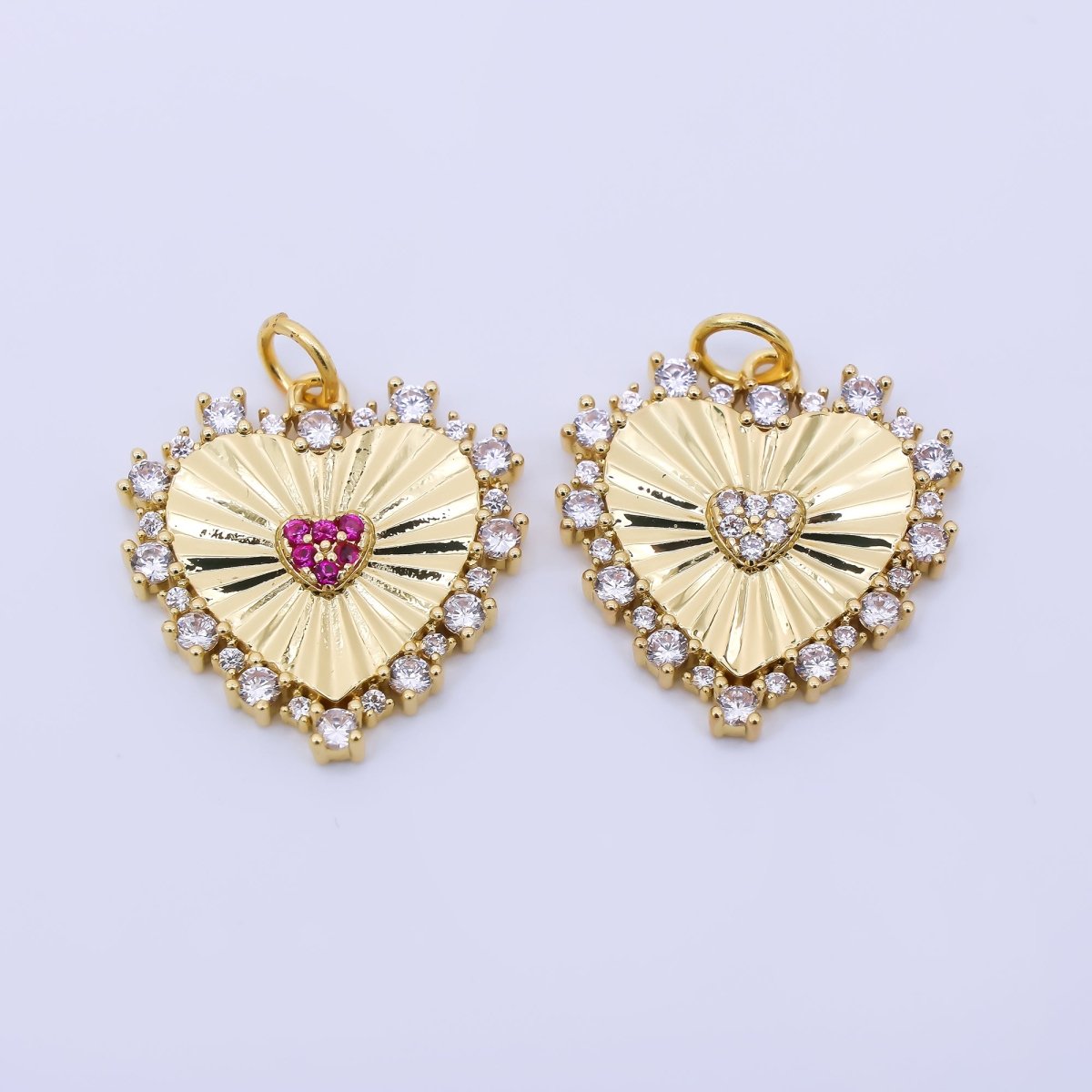 24K Gold Filled 20mm Clear, Pink Micro Paved CZ Sunburst Heart Charm | AH554 - DLUXCA