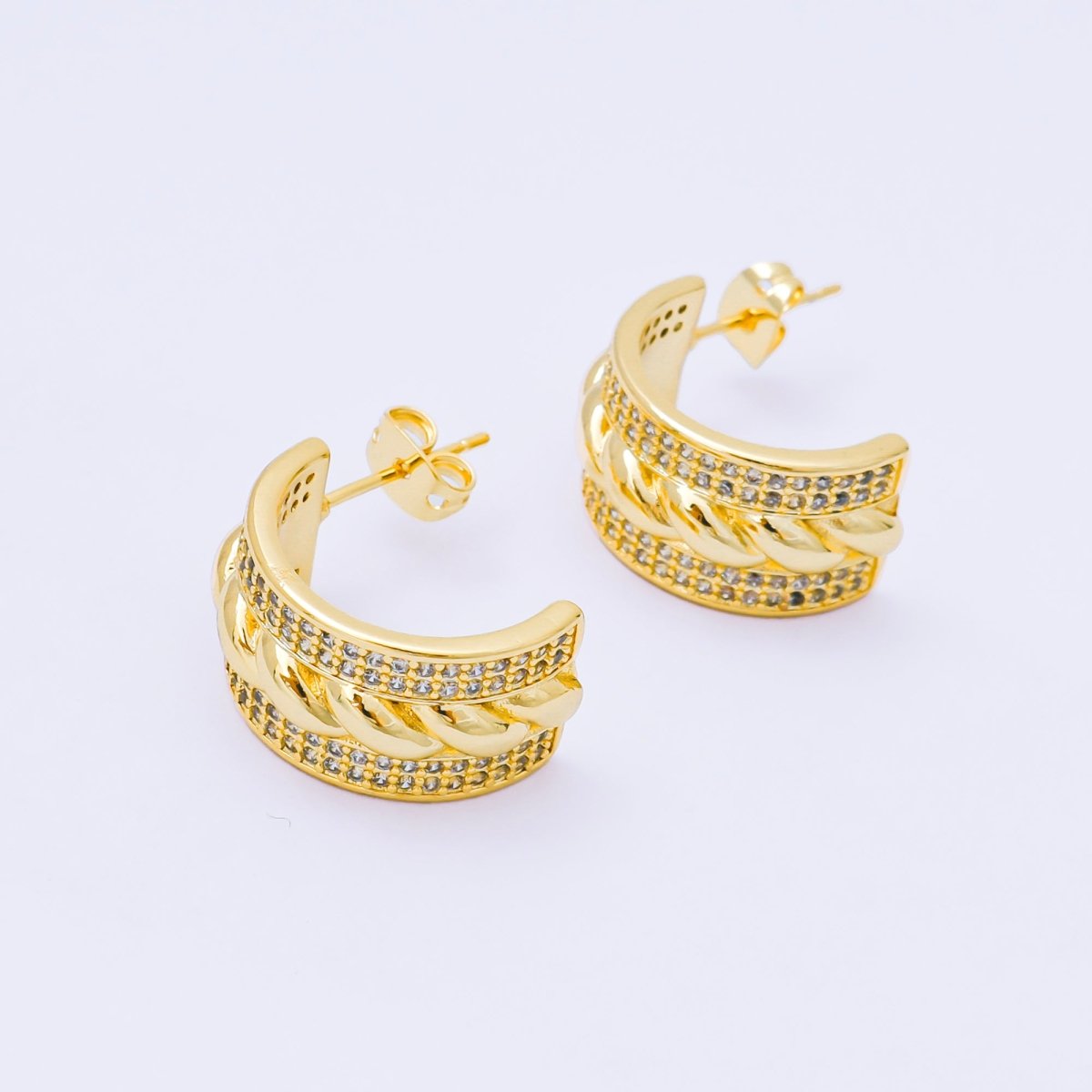 24K Gold Filled 20mm Croissant Micro Paved CZ C - Shaped Hoop Earrings | AB1561 - DLUXCA