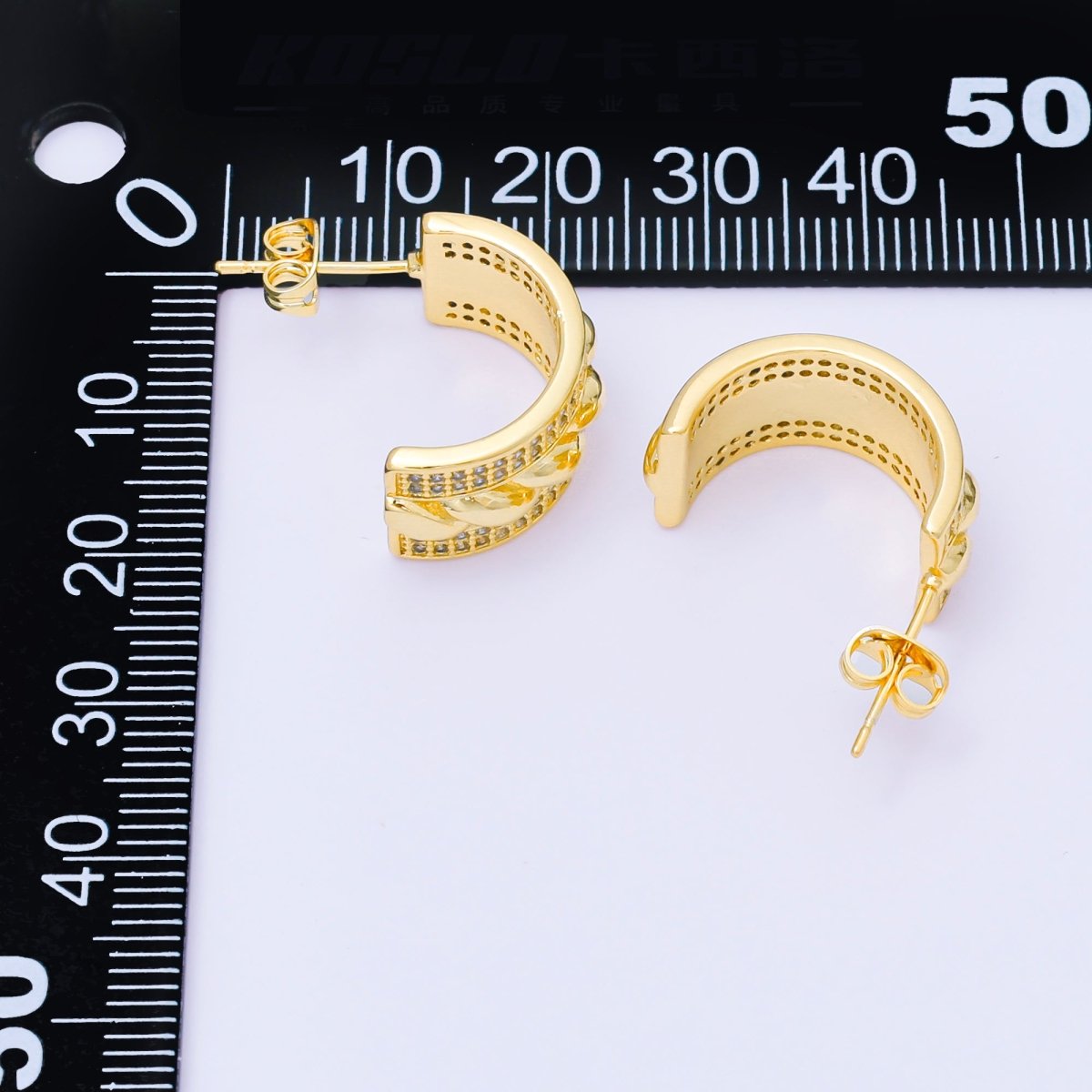 24K Gold Filled 20mm Croissant Micro Paved CZ C - Shaped Hoop Earrings | AB1561 - DLUXCA
