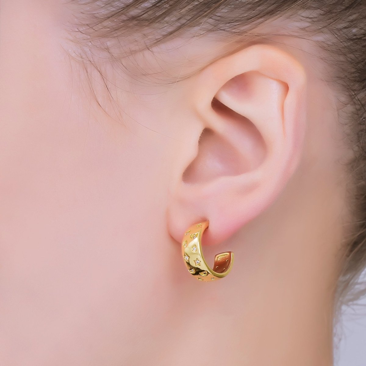 24K Gold Filled 20mm CZ Star Moon Heart C - Shaped Hoop Earrings | AB1563 - DLUXCA