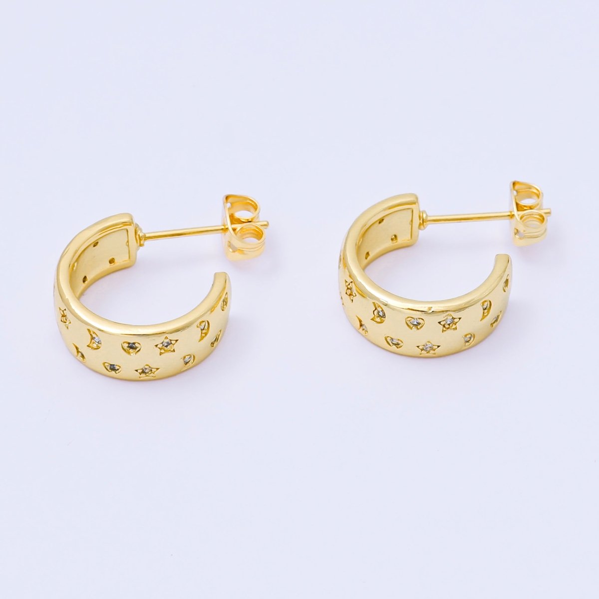 24K Gold Filled 20mm CZ Star Moon Heart C - Shaped Hoop Earrings | AB1563 - DLUXCA
