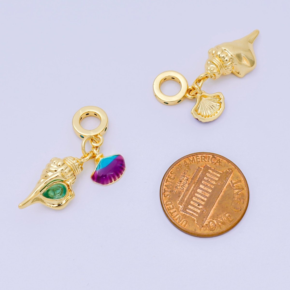 24K Gold Filled 20mm Enamel Art Mermaid's Delight Set Charm in Clam Shell & Conch Shell | AH - 597 - DLUXCA