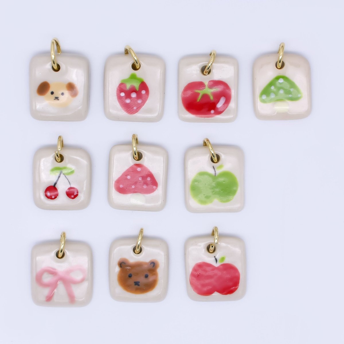24K Gold Filled 20mm Fruit, Animal, Ribbon Cottagecore Handmade Painted Ceramic Square Tag Charm | N386 - N578 - DLUXCA