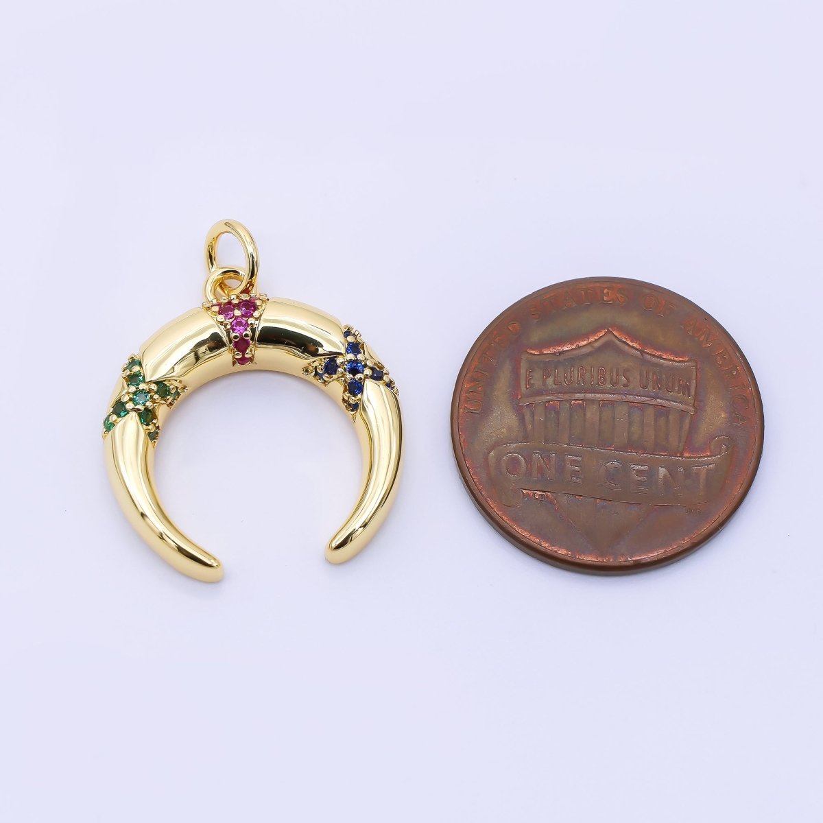 24K Gold Filled 20mm Green, Fuchsia, & Blue Micro Paved CZ Crescent Moon Charm | AC1610 - DLUXCA