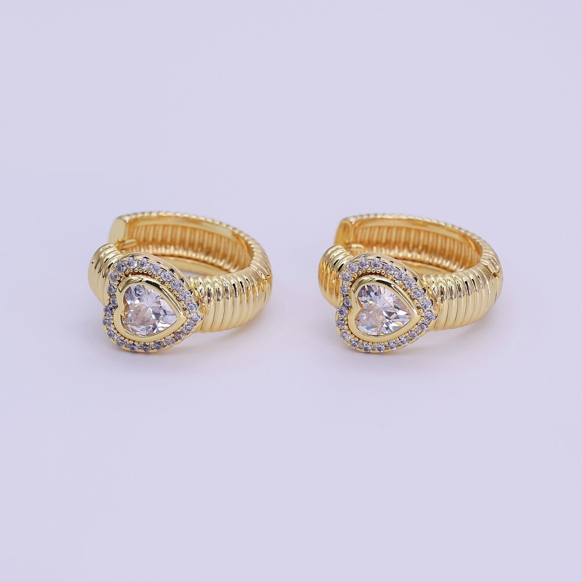 24K Gold Filled 20mm Heart Micro Paved CZ Ribbed Huggie Earrings | T138 - DLUXCA