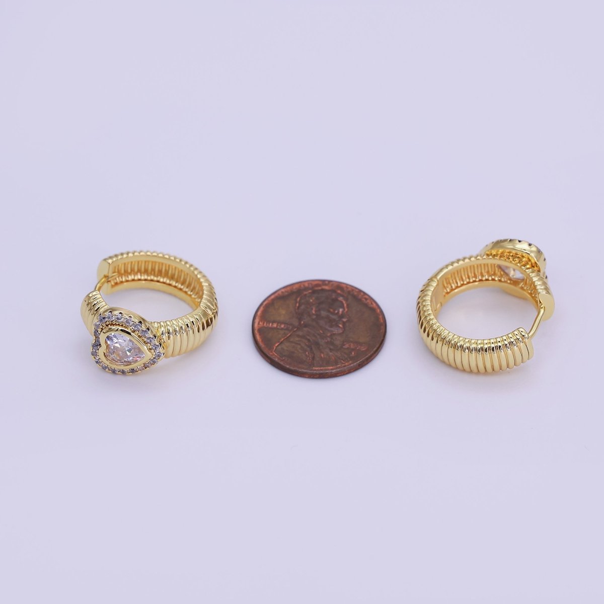 24K Gold Filled 20mm Heart Micro Paved CZ Ribbed Huggie Earrings | T138 - DLUXCA
