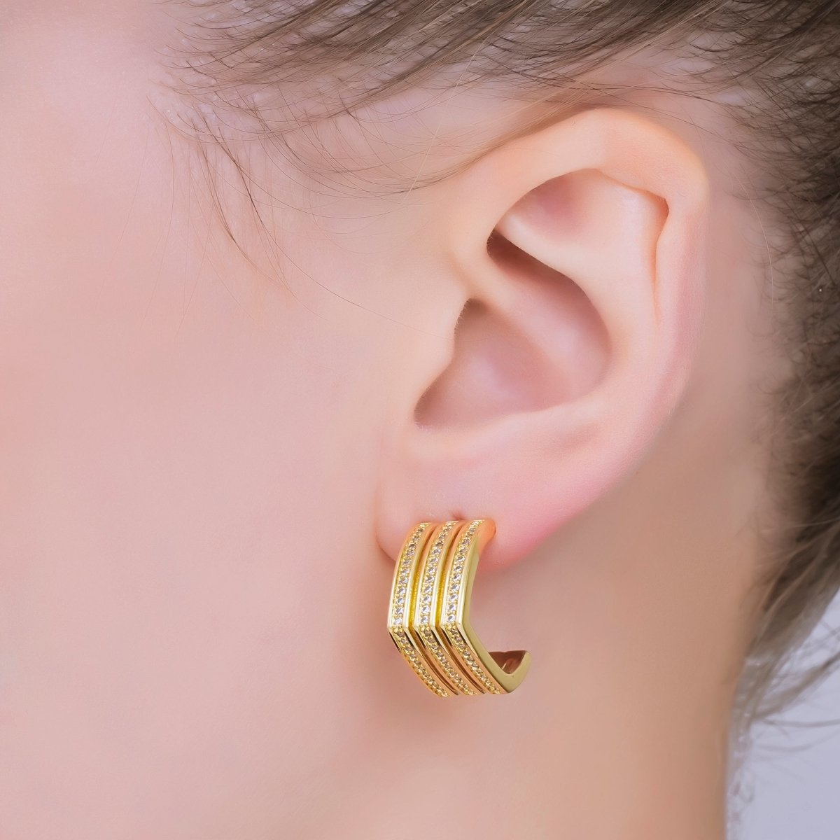 24K Gold Filled 20mm Micro Paved CZ Geometric Edged C - Shaped Hoop Earrings | AB1562 - DLUXCA