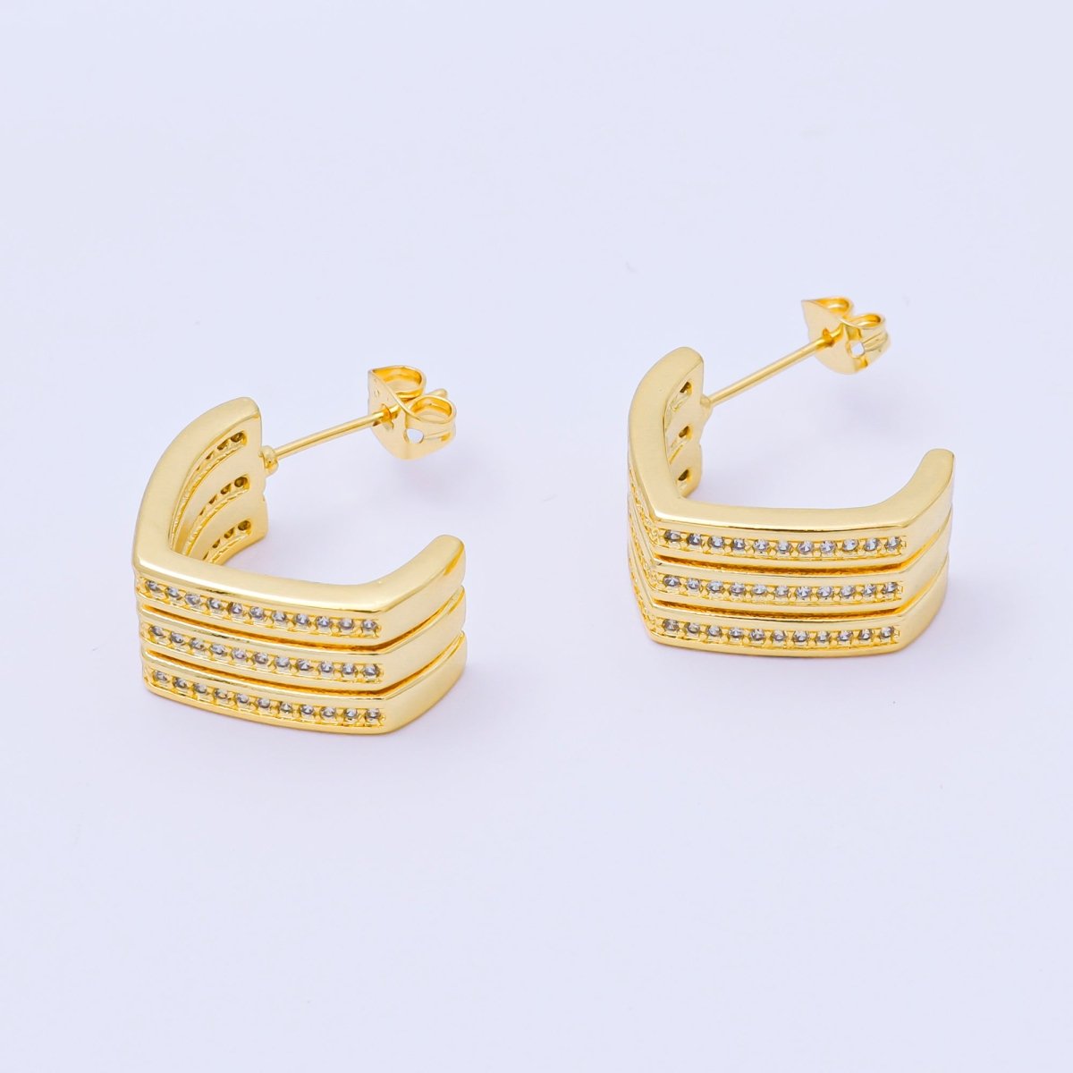 24K Gold Filled 20mm Micro Paved CZ Geometric Edged C - Shaped Hoop Earrings | AB1562 - DLUXCA