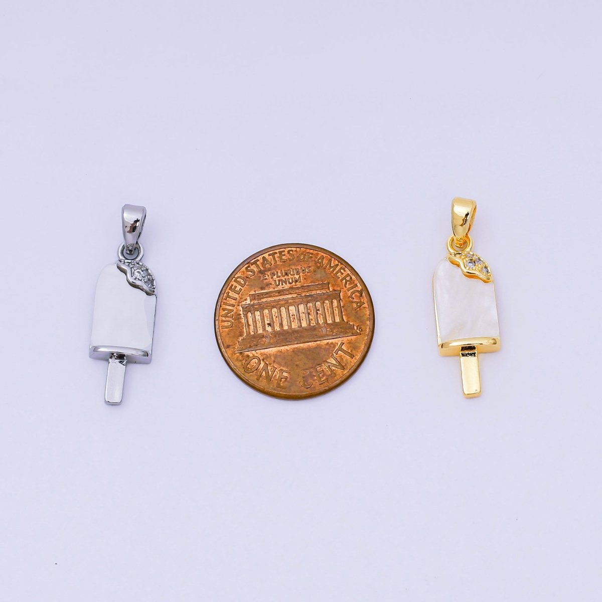24K Gold Filled 20mm Micro Paved CZ Mother of Pearl Ice Cream Popsicle Pendant in Gold & Silver | AA - 1581 - DLUXCA